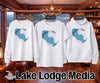 White long-sleeve, short-sleeve, and hoodie displaying Sandhill Lake Wisconsin map.