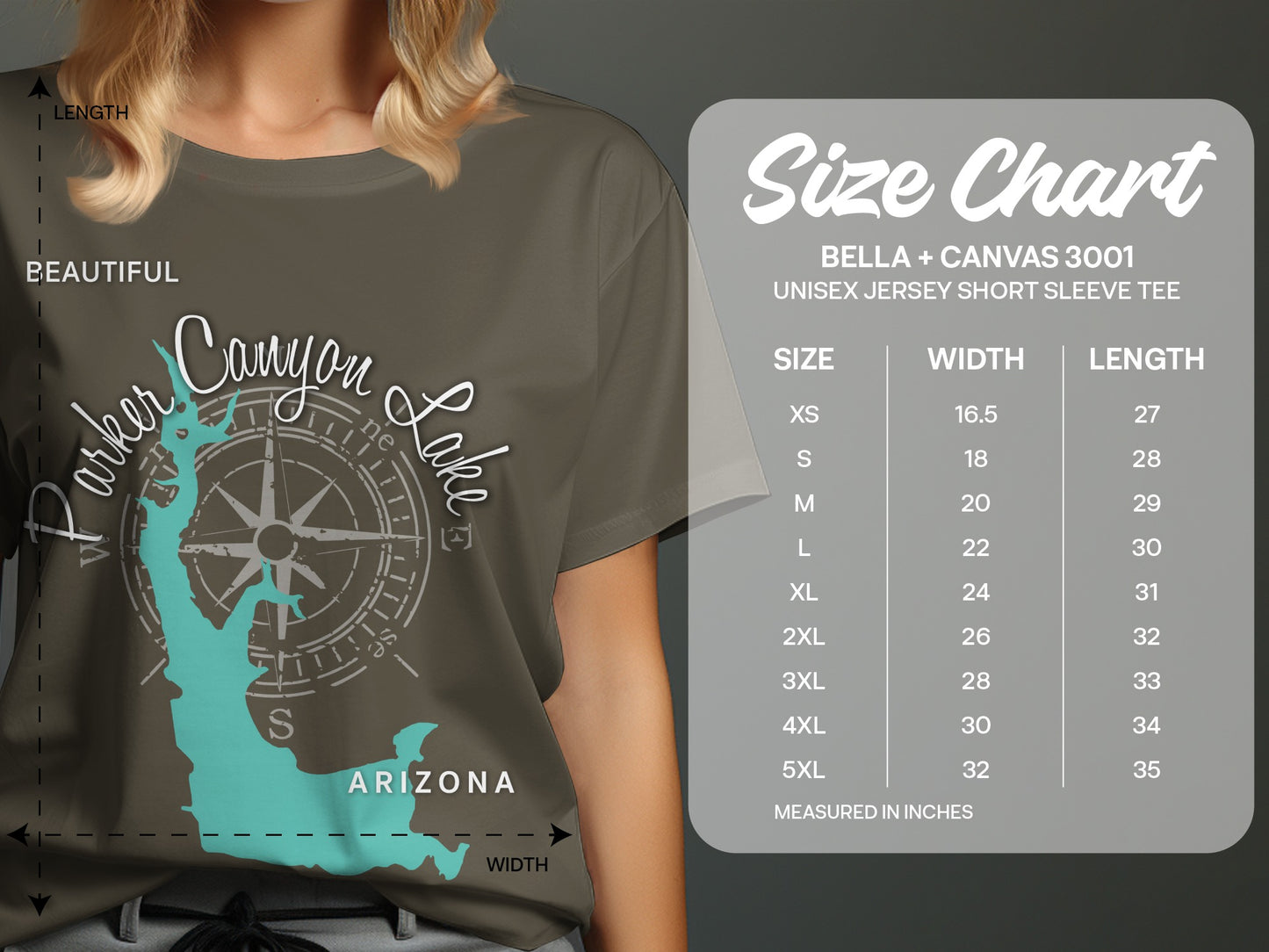 Bella + Canvas 3001 unisex t-shirt size chart with measurements in inches.