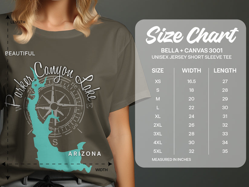 Bella + Canvas 3001 unisex t-shirt size chart with measurements in inches.