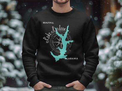 Black sweatshirt with a teal map of Lake Lurleen, Alabama and compass rose.