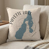 Throw pillow with Payette Lake, Idaho map graphic and compass rose design.