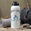 White water bottle with "Caro Lake" text, compass, and lake graphic.