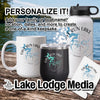 White mug, black tumbler, and white water bottle with "Cave Run Lake" compass design.