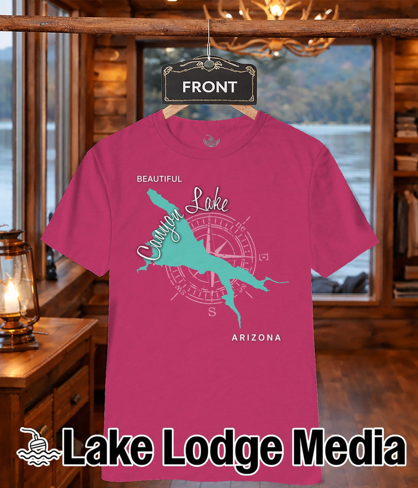 Pink t-shirt with "Beautiful Canyon Lake" and compass graphic.