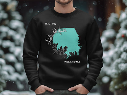 Black sweatshirt with "Beautiful Lake Hfmer Oklahoma" text and compass graphic.