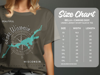 T-shirt size chart for Bella + Canvas 3001 unisex short sleeve tee.