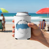 White can koozie with Grand Lake St. Marys Ohio map design, held on a beach.
