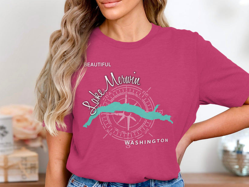 Woman wearing a pink t-shirt with a compass rose and "Lake Merwin Washington" text.