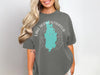 Grey t-shirt with teal Lake Derwentwater map and compass graphic.