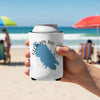 White can cooler with blue Georgian Bay map and compass design on a beach.