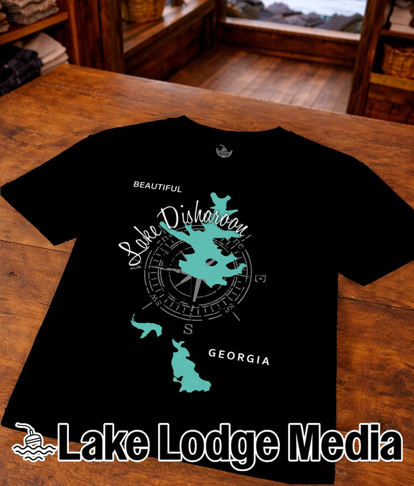 Black t-shirt with "Lake Disharoon" text and compass graphic.