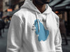 White hoodie with blue Ossipee Lake map and compass graphic, New Hampshire text.