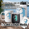 Personalizable Flathead Lake themed mug, tumbler, water bottle, and coaster with text.