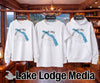White Eklutna Lake graphic sweatshirt, t-shirt, and hoodie displayed with compass graphics.