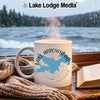 White mug with Lake Arrowhead California map and compass graphic.