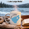 White mug with "Lake Perris California" and a blue lake map design.