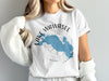 White t-shirt with "Lake Wawasee Indiana" map design and compass rose graphic.