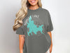 Grey t-shirt with Shaver Lake California map and compass graphic.