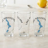 Three glasses display "Lake Winnisquan New Hampshire" with a blue lake map and compass.
