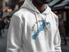 White hoodie with blue Lake Marble Falls map and compass design.