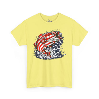 Patriotic Bass Fishing Shirt | American Flag Pride Design on Largemouth Bass with Stars and Stripes Tee for Fourth of July