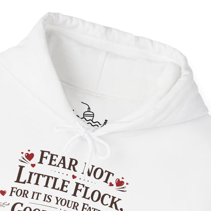 Fear Not Little Flock Hoodie with Printed Sleeves | Luke 12:32 Scripture Heart Design Bible Verse Gift | Share your faith