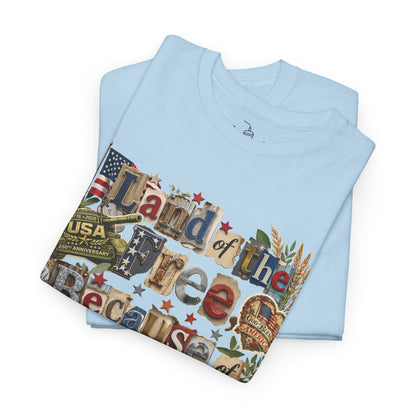USA 250th Anniversary Land of the Free Because of the Brave T-Shirt | Patriotic Fourth of July Scrapbook Collage Design