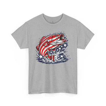 Patriotic Bass Fishing Shirt | American Flag Pride Design on Largemouth Bass with Stars and Stripes Tee for Fourth of July