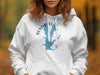 White hoodie with a blue map of Rend Lake, Illinois and compass rose design.