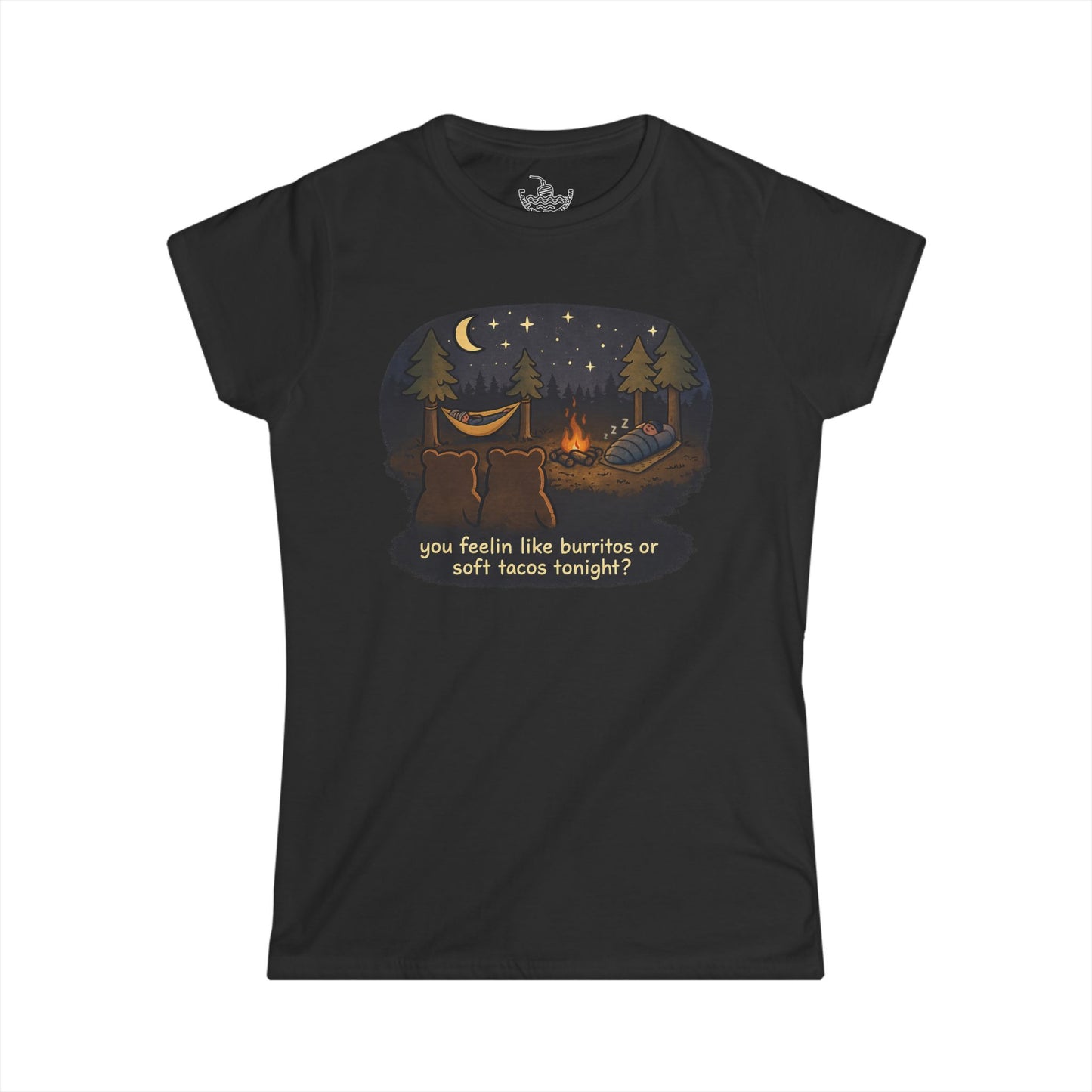 Campfire Bears Humor Women's Cut Shirt, People in Sleeping Bags are Bear Burritos and Tacos Joke, Hiking Smores Bonfire Shirt