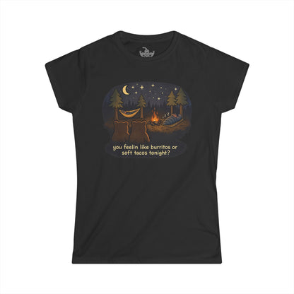Campfire Bears Humor Women's Cut Shirt, People in Sleeping Bags are Bear Burritos and Tacos Joke, Hiking Smores Bonfire Shirt