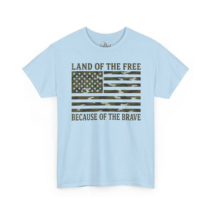 Land of the Free Because of the Brave T-Shirt | American Flag Tee | Patriotic Camo for Veterans and Fourth of July