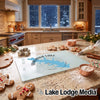 Glass cutting board featuring a blue Waurika Lake Oklahoma map design on a festive kitchen counter.
