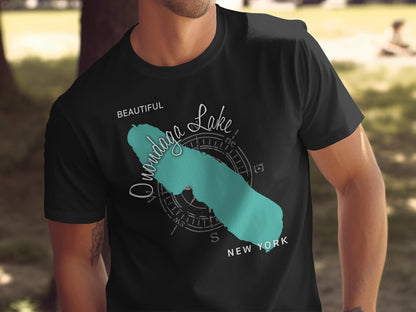 Black t-shirt with a teal outline map of Onondaga Lake and "NEW YORK" text.