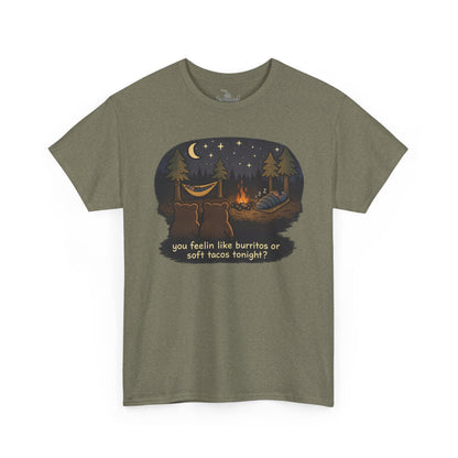 Campfire Bears Humor T-Shirt, People in Sleeping Bags are Bear Burritos and Tacos Joke, Camping Hiking Smores Bonfire Apparel