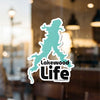Turquoise Lakewood Life sticker with a lake outline and copyright text.