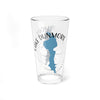 A clear glass pint glass printed with a blue map of Lake Dunmore and black text.