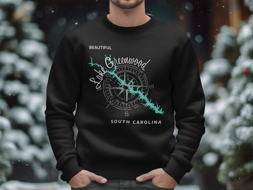 Black sweatshirt with Lake Greenwood, South Carolina map and compass graphic.