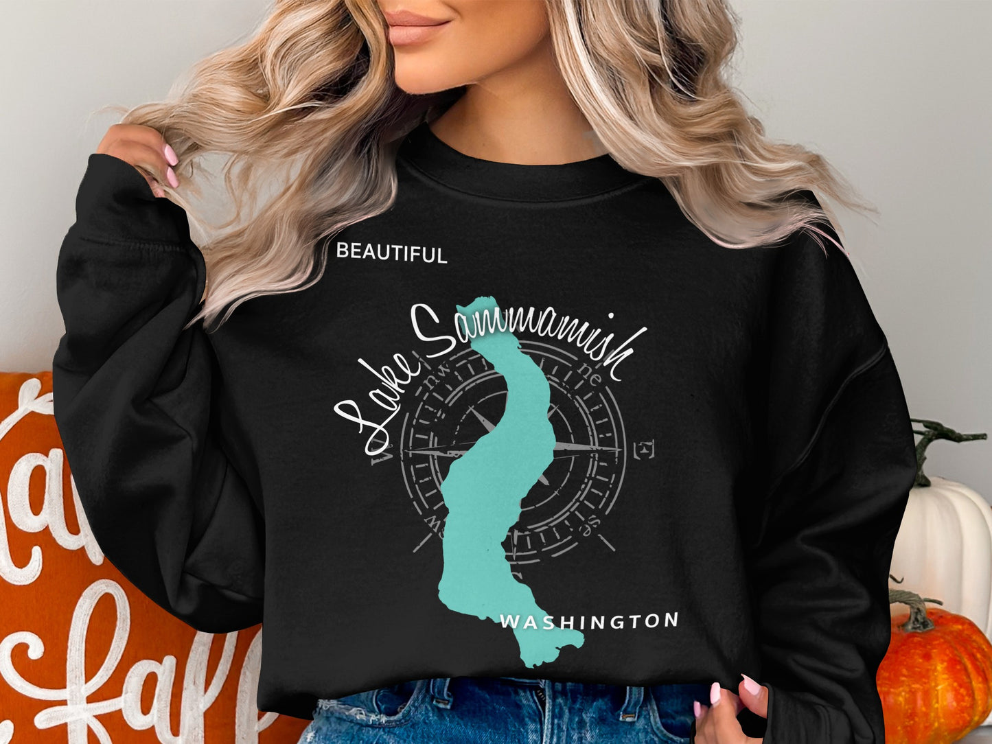 Black sweatshirt featuring "Beautiful Lake Sammamish Washington" map graphic.