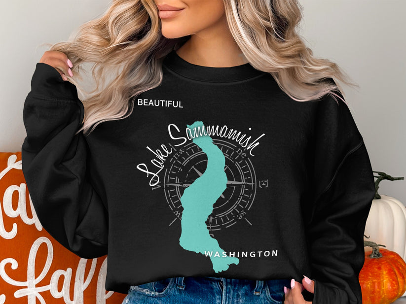Black sweatshirt featuring "Beautiful Lake Sammamish Washington" map graphic.