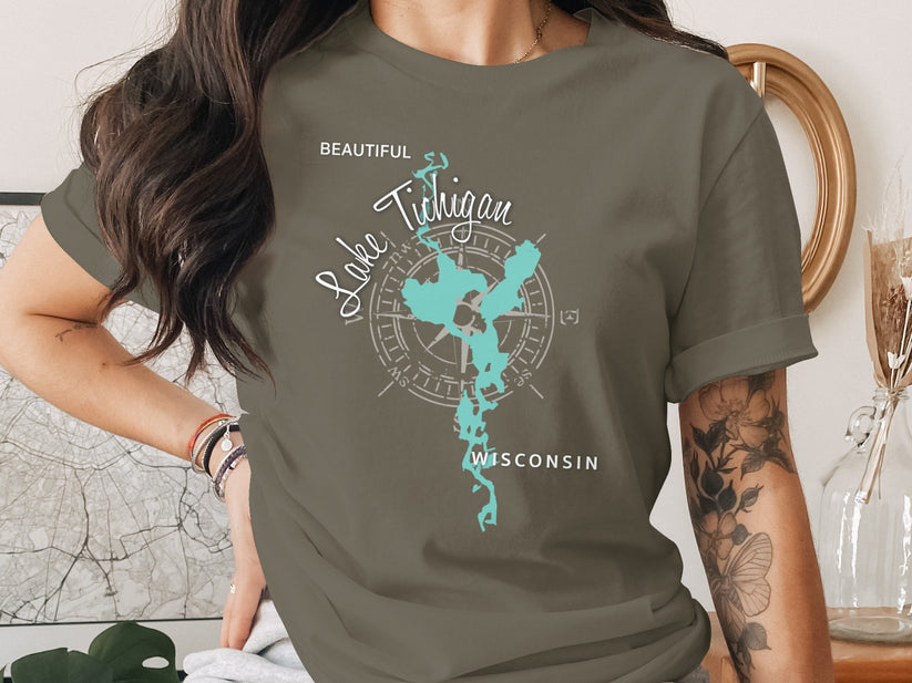 T-shirt with "Lake Michigan Wisconsin" text and compass rose graphic.