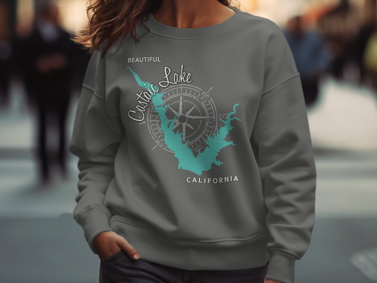 Gray sweatshirt with teal California outline and "Beautiful Crystal Lake" text.
