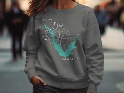 Gray sweatshirt with teal California outline and "Beautiful Crystal Lake" text.