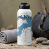 White water bottle with blue map graphic and "OKL" text.