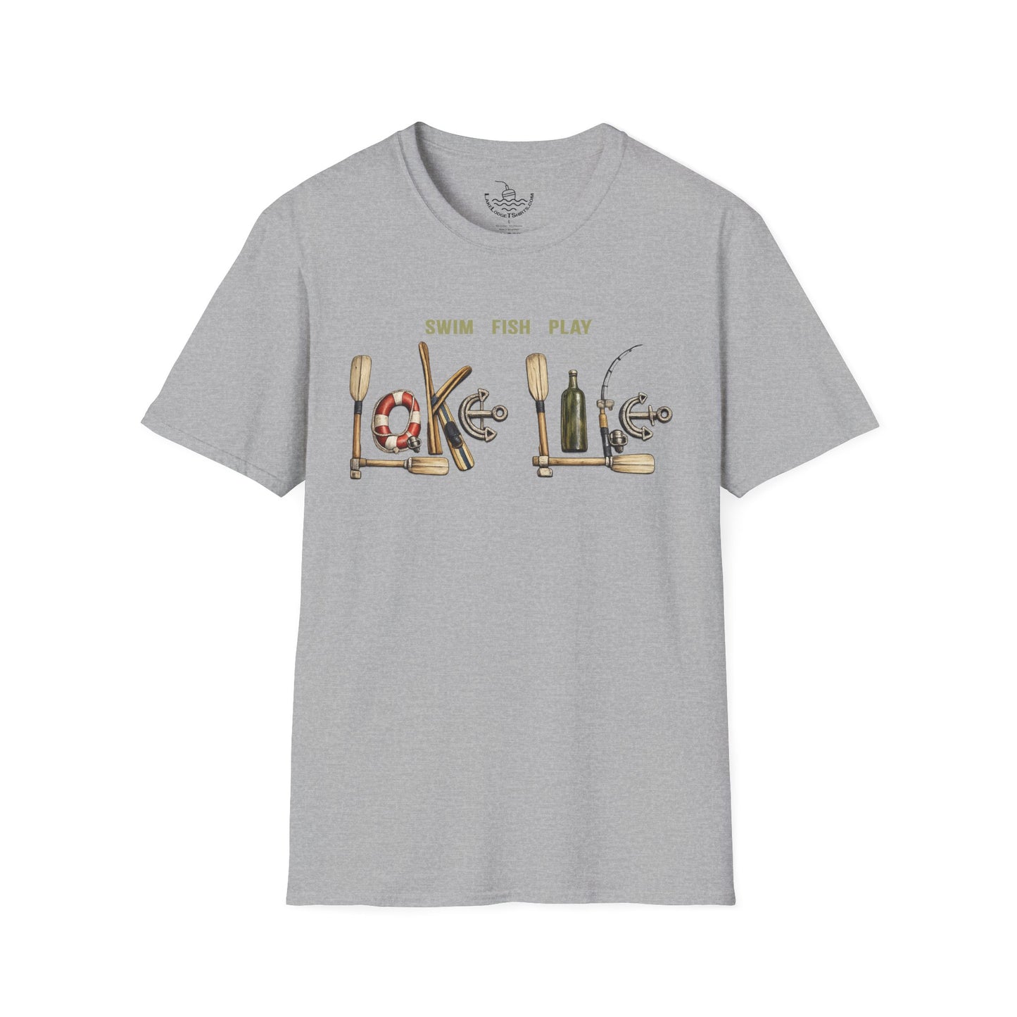 Lake Life T-Shirt | Boat Oars Life Preserver Anchor Letters Rustic Design | Fishing Water Skiing Gift Tee