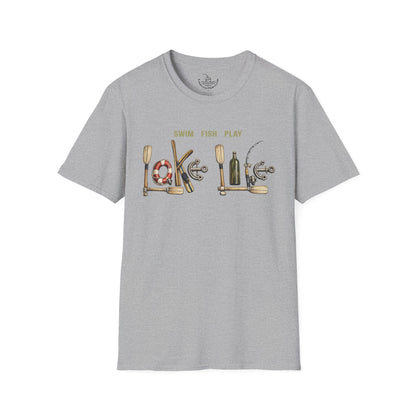 Lake Life T-Shirt | Boat Oars Life Preserver Anchor Letters Rustic Design | Fishing Water Skiing Gift Tee