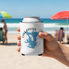 White can cooler with Lake Casitas California map graphic held on a beach.