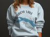 Light blue sweatshirt graphic with Rainbow Lake map and compass, says Maine.