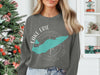 Grey sweatshirt with turquoise Lake Erie map graphic and compass detail.