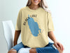 Yellow t-shirt with blue Black Lake map and compass graphic, text reads "NEW YORK".